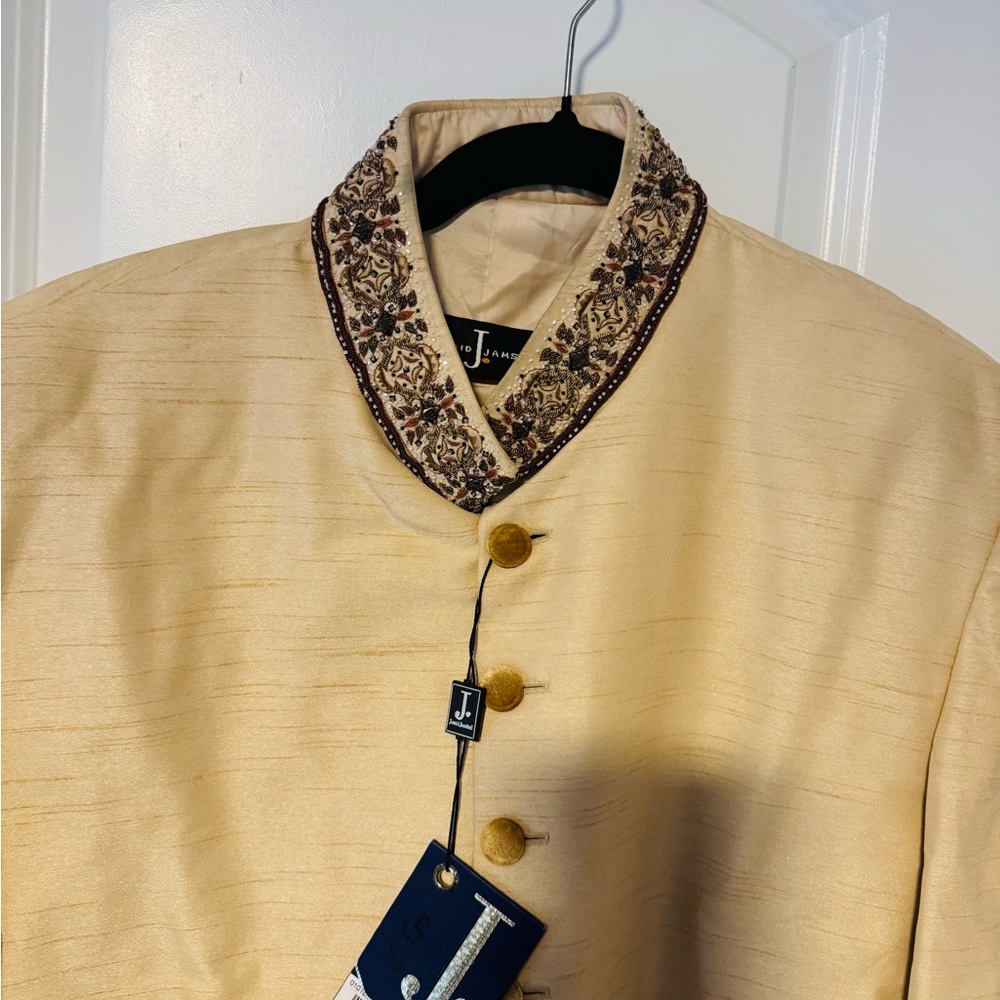 Cream and Gold Sherwani with Ornate Embroidery shoulder 19, chest 22, length 47